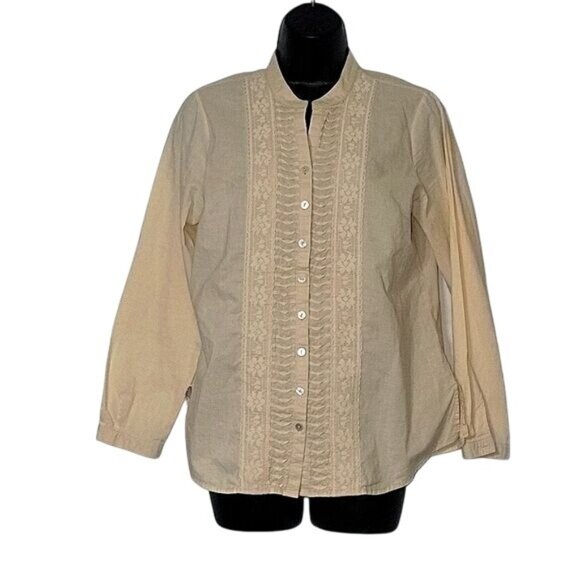 Coldwater Creek Beige Cotton Embroidered Button-Down Blouse With Mandarin Collar - Picture 1 of 6